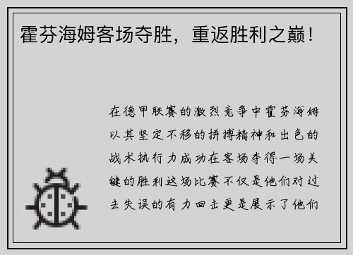 霍芬海姆客场夺胜，重返胜利之巅！