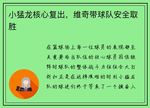 小猛龙核心复出，维奇带球队安全取胜