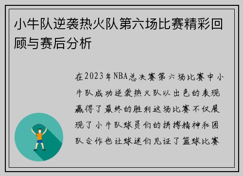 小牛队逆袭热火队第六场比赛精彩回顾与赛后分析